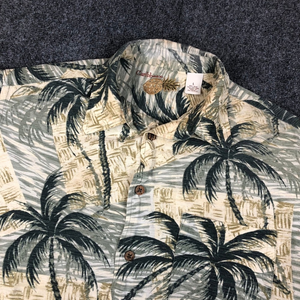 Caribbean Mens Large Silk Cotton Palm Tree Tropical Hawaiian Button Down Shirt